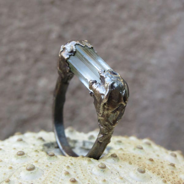 Rough aquamarine silver plated ring | Aquamarine electroformed ring