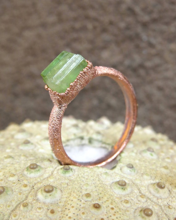 Copper Electroformed Green Tourmaline Crystal Ring size 6