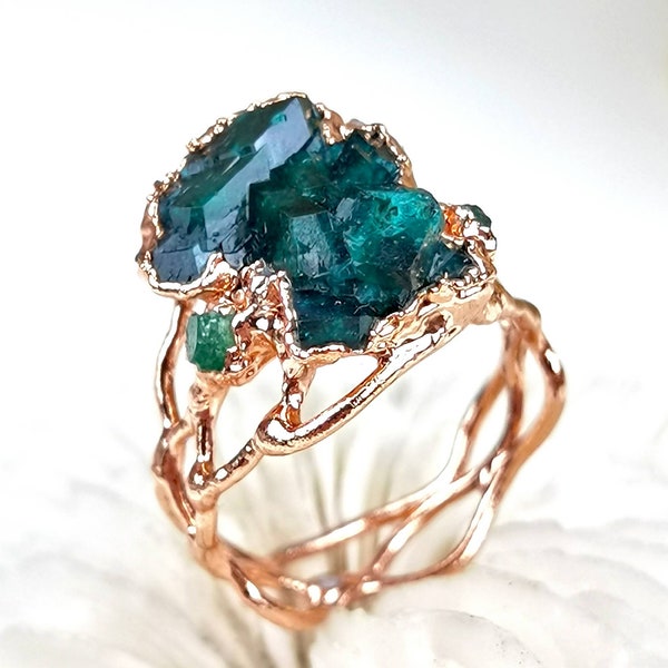 Copper ring with raw dioptase crystal and aquamarines, US 7.5