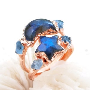 Labradorite stackable ring set with aquamarines, birthstone ring, elegant ring, dainty ring, simple ring, half moon ring, crescent ring