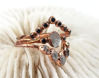 Herkimer diamond and spinel wedding ring set, alternative engagement rings, promise ring