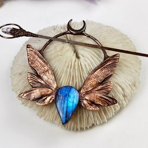 Labradorite hair brooch, decorative hair barrette, hair accessory with wings, hair fork, hair comb, hair stick