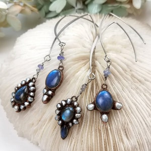 Mismatched labradorite earrings set, Victorian style earrings, mismatch earrings, pearl earrings, asymmetric earrings