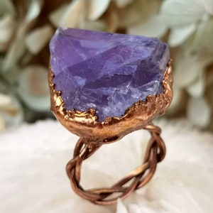 Fluorite ring, US 7 1/4, braided copper ring, fluorite crystal ring, electroformed ring, ooak ring, one of a kind ring