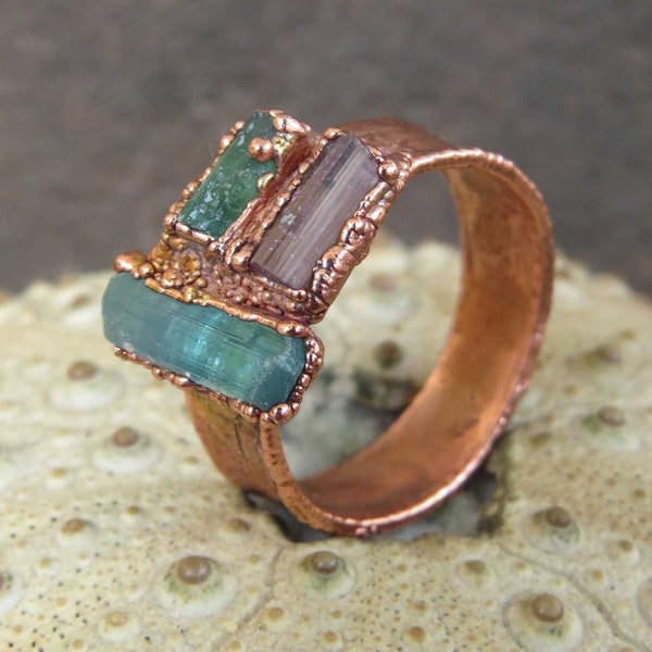 Tourmaline ring | Raw pink tourmaline copper ring | Rough blue tourmaline electroformed ring