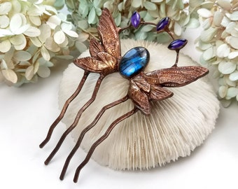 Fairy wings hair comb, labradorite hair fork, decorative hair stick, gemstone hair accessory