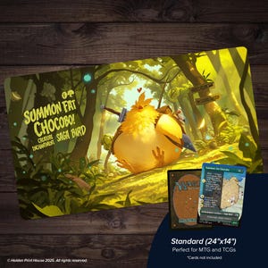 Tapete de jogo para cartas de invocação de Chocobo Gordo | Tapete de mesa Buster Sword MTG 60 cm x 35 cm ou tamanho GG | Tapete TCG inspirado em Final Fantasy | Presente nerd para jogadores