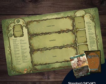 May include: A rectangular green playmat for trading card games featuring a forest-themed border with vines and leaves. The mat includes designated zones for Commander, Combat, Battlefield, Lands, Library, Graveyard, and Exile, plus turn order text.