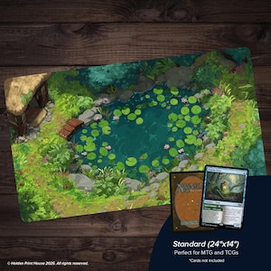Tapete de mesa Lily Pad Pond | Tapete de brincar com cenário de natureza pacífica para MTG, TCG, Bloomburrow | Mousepad Chill Gaming | 24x14", 36x12", 36x18" Presente