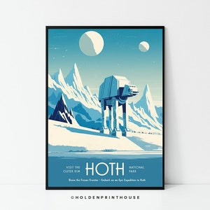 May include: A retro-style travel poster for Hoth National Park, featuring a blue and white AT-AT walker in a snowy landscape with mountains in the background. The text reads "Visit the Outer Rim, Hoth National Park, Brave the Frozen Frontier - Embark on an Epic Expedition to Hoth".