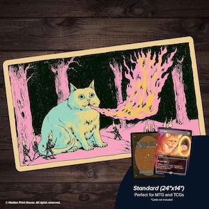 May include: A rectangular playmat featuring a graphic illustration of a large, light blue cat breathing yellow and pink fire in a dark forest with pink trees. Small figures of knights are visible. Text reads: Standard (61 cm x 36 cm).