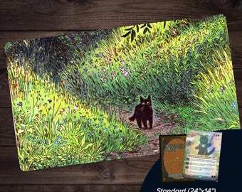 Black Cat Forest by Inudi Playmat | Cottagecore MTG Desk Mat 24