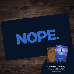 May include: A navy blue playmat with the word "NOPE" in large, blue letters. The mat is 24" x 14" and is designed for MTG and TCGs. Two trading cards are visible in the lower right corner.