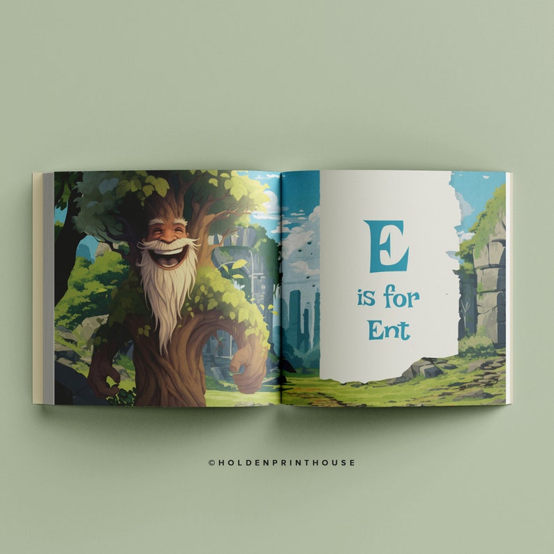 Pu&ograve; includere: Un libro per bambini aperto con un'illustrazione colorata di una creatura albero sorridente con una lunga barba bianca sulla pagina sinistra e il testo blu E is for Ent sulla destra. Il testo HOLDENPRINTHOUSE appare in basso al centro.