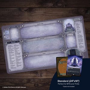 May include: A gray playmat for MTG and TCGs, featuring zones for Commander, Battlefield, and Lands. The mat includes text for Keywords and other game elements. It measures 24" x 14".