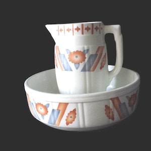 A.M.C. Belgium, model 50, decor 103: art deco washing set &#39;spritzdekor&#39;, 1930s, pitcher and bowl
