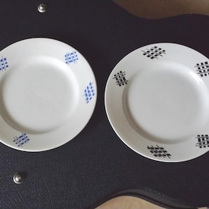 Boch, La Louvière, Belgium: two 'Spritzdekor' breakfast plates mid-century abstract decoration, 1950s