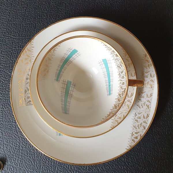 Bareuther 15-38F, Waldsassen, Bavaria, West-Germany pottery: sharp trio cup, saucer and plate, Sammeltasse, abstract in turquoise and gold