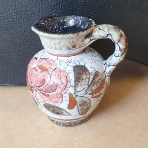 Jasba 902-12-12, West-Germany art pottery ceramic handled design jug vase, Italian style floral decoration mixed with a &#39;cortina&#39; glaze