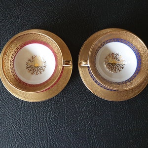 Gareis, Kühnl & Co. 11 and 12, Waldsassen, Bavaria, West-Germany space-age espresso cups demi-tasse from the 1940/50s, royal gold red/blue