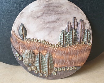 Ruscha 'Landscape', West-Germany art-pottery hand-made wall plate, 1960/70s, mid-century design, expressionist relief decoration