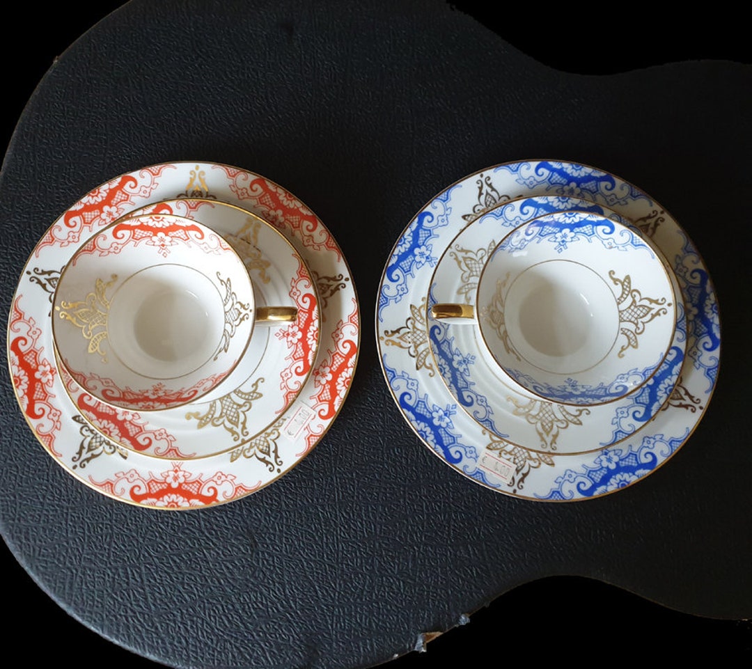 Heinrich & Co., Zealand Red Sammeltasse TWO Trio Cups, Blue, Saucers, With Art New Bavaria, Plates, Etsy 1950s Selb, West-germany: and Decoration Gold 