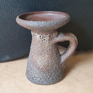 Jopeko &#39;Paris&#39;: West-Germany art pottery brutalist design handled jug vase, earthy volcanic fat lava, seventies, WGP, crusty decoration