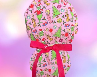 Christmas Ponytail Scrub Cap,  Holiday scrub cap, Winter scrub cap, Grinchmas scrub cap, pink Christmas scrub cap