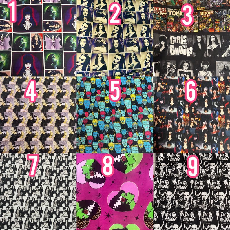 Puede incluir: Una colecci&oacute;n de muestras de tela con temas de terror. Las muestras muestran im&aacute;genes de Elvira, Morticia Addams y otras figuras g&oacute;ticas. Algunas telas tienen patrones repetidos de caras de monstruos, mientras que otras muestran portadas de c&oacute;mics.