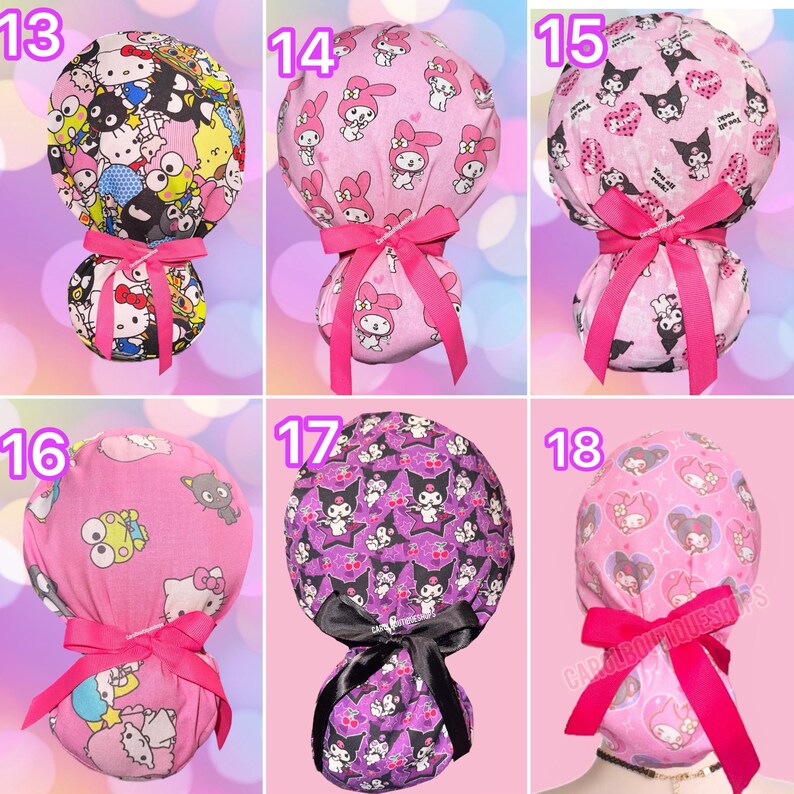 May include: A collection of six scrub caps featuring various Sanrio character prints, including Hello Kitty, My Melody, and Kuromi. Each cap is designed with a gathered back and a tied ribbon closure in either bright pink or black fabric.