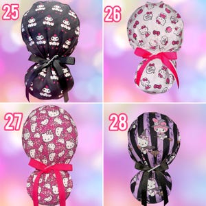 May include: Four scrub caps featuring character prints. Number 25 is black with Kuromi and a black ribbon. Number 26 is white with Hello Kitty and a pink ribbon. Number 27 is pink with Hello Kitty and a pink ribbon. Number 28 has purple stripes, Hello Kitty, and a black ribbon.