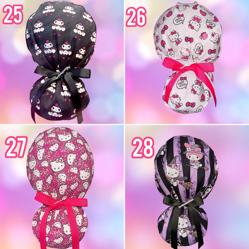 May include: Four scrub caps featuring character prints. Number 25 is black with Kuromi and a black ribbon. Number 26 is white with Hello Kitty and a pink ribbon. Number 27 is pink with Hello Kitty and a pink ribbon. Number 28 has purple stripes, Hello Kitty, and a black ribbon.
