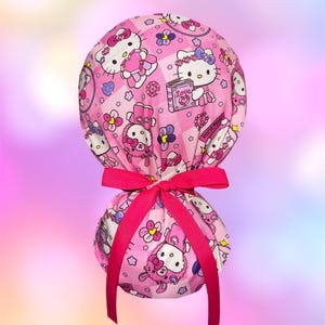 Kitty cat ponytail scrub cap, Kitty scrub cap, long hair nurse hat, kurom scrub cap, my melody scrub cap,