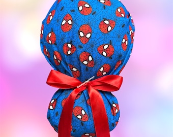 Gorro quirúrgico de superhéroe con coleta, gorro quirúrgico de Wonder Girl, gorro quirúrgico de superhéroe de cómic con coleta, gorro quirúrgico de araña, gorro quirúrgico de dibujos animados, gorro quirúrgico para cabello largo