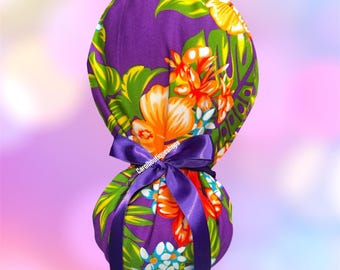 Hawaiian Scrub cap, Hawaiian flowers  scrub cap, floral scrub cap, flowers scrub cap, Women’s scrub cap, satin lined scrub cap