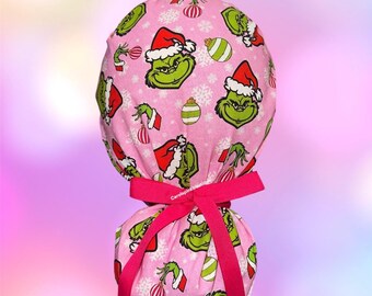 Christmas Ponytail Scrub Cap,  Holiday scrub cap, Winter scrub cap, Grinchmas scrub cap, pink Christmas scrub cap