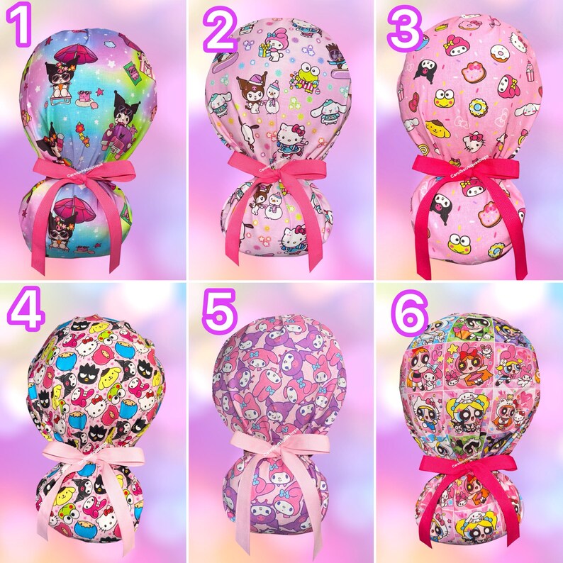 May include: Six scrub caps featuring various Sanrio character prints including Hello Kitty, Kuromi, and My Melody. Each cap has a rounded top, a gathered back, and a bright pink or light pink ribbon tied in a bow at the base to secure the fabric.