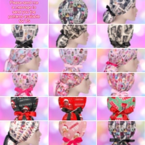 May include: A collection of scrub caps featuring various printed patterns, including newspaper-style graphics, pink motifs, and holiday themes. Each cap is secured with a tied ribbon in colors such as black, pink, or red, shown from multiple angles.