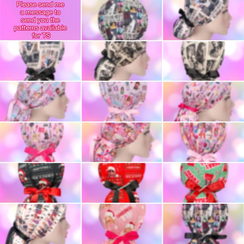 May include: A collection of scrub caps featuring various printed patterns, including newspaper-style graphics, pink motifs, and holiday themes. Each cap is secured with a tied ribbon in colors such as black, pink, or red, shown from multiple angles.