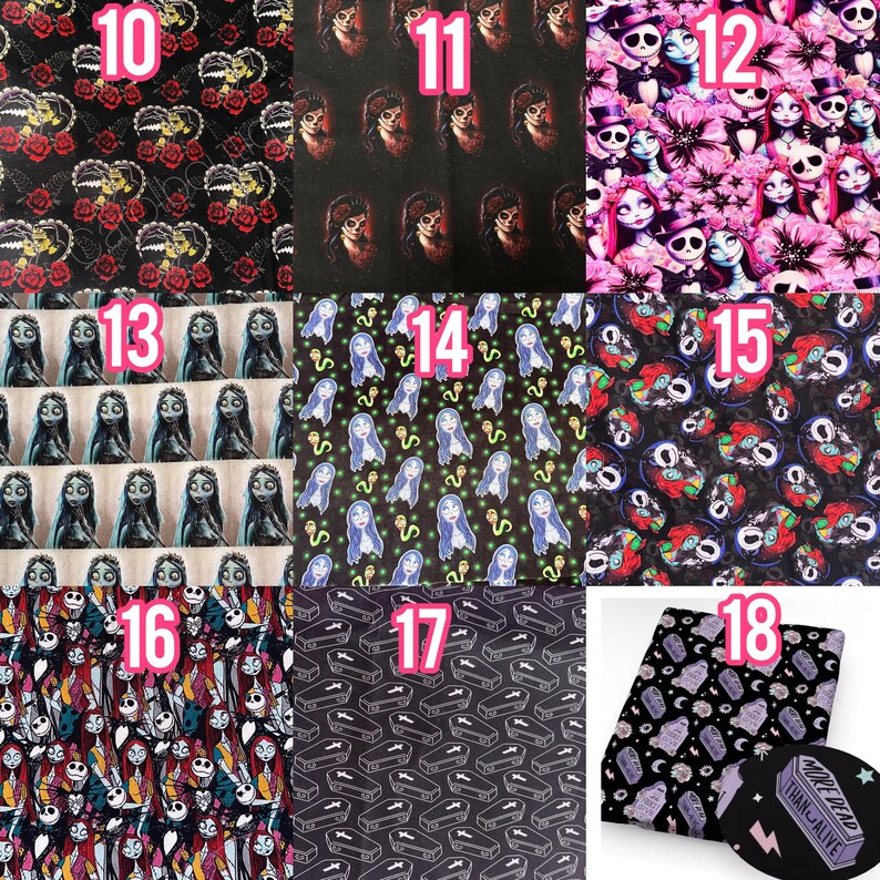 Puede incluir: Una colecci&oacute;n de muestras de tela con varios dise&ntilde;os tem&aacute;ticos de Halloween. Los dise&ntilde;os incluyen rosas, calaveras, personajes y ata&uacute;des en colores como negro, rojo y morado. Algunas muestras presentan texto, como "MORE DEAD THAN ALIVE."