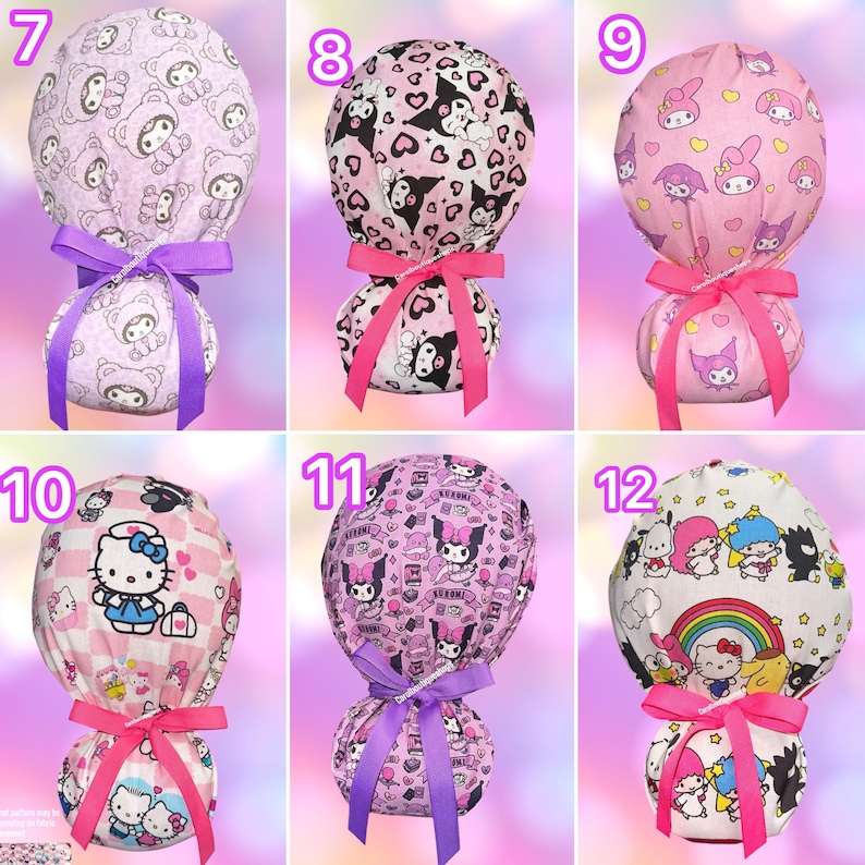 May include: Six scrub caps featuring various Sanrio character patterns including Kuromi, Hello Kitty, and My Melody. Each cap has a rounded top, a gathered back, and a tied ribbon in purple or pink. The designs include hearts, rainbows, and stars.