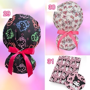 May include: Three scrub caps featuring Hello Kitty and Kuromi patterns. Number 29 is black with neon-colored Hello Kitty outlines and a pink ribbon. Number 30 is white with Hello Kitty and pink bows. Number 31 is pink with Kuromi and heart motifs.