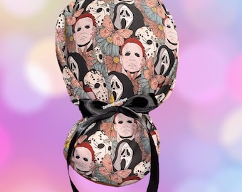 Horror characters Ponytail Scrub Cap, Spooky ponytail scrub cap, Ghost ponytail scrub cap, Horror Icons ponytail scrub cap