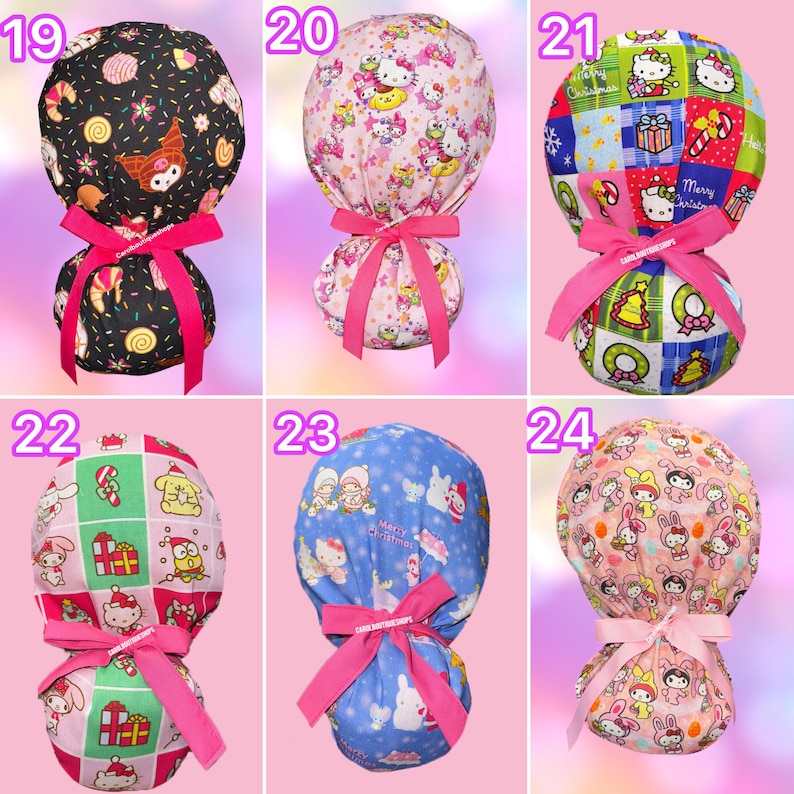 May include: Six scrub caps with ponytail pouches and pink ribbons. Number 19 is black with pastries. Number 20 is pink with Sanrio characters. Number 21 is a Christmas plaid with Hello Kitty. Number 22 is a Christmas grid. Number 23 is blue with winter scenes. Number 24 is peach with My Melody.