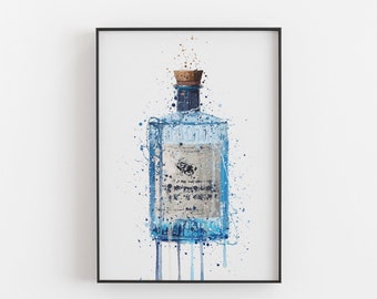 Gin Bottle Wall Art Print 'Blue Barrel' 0815