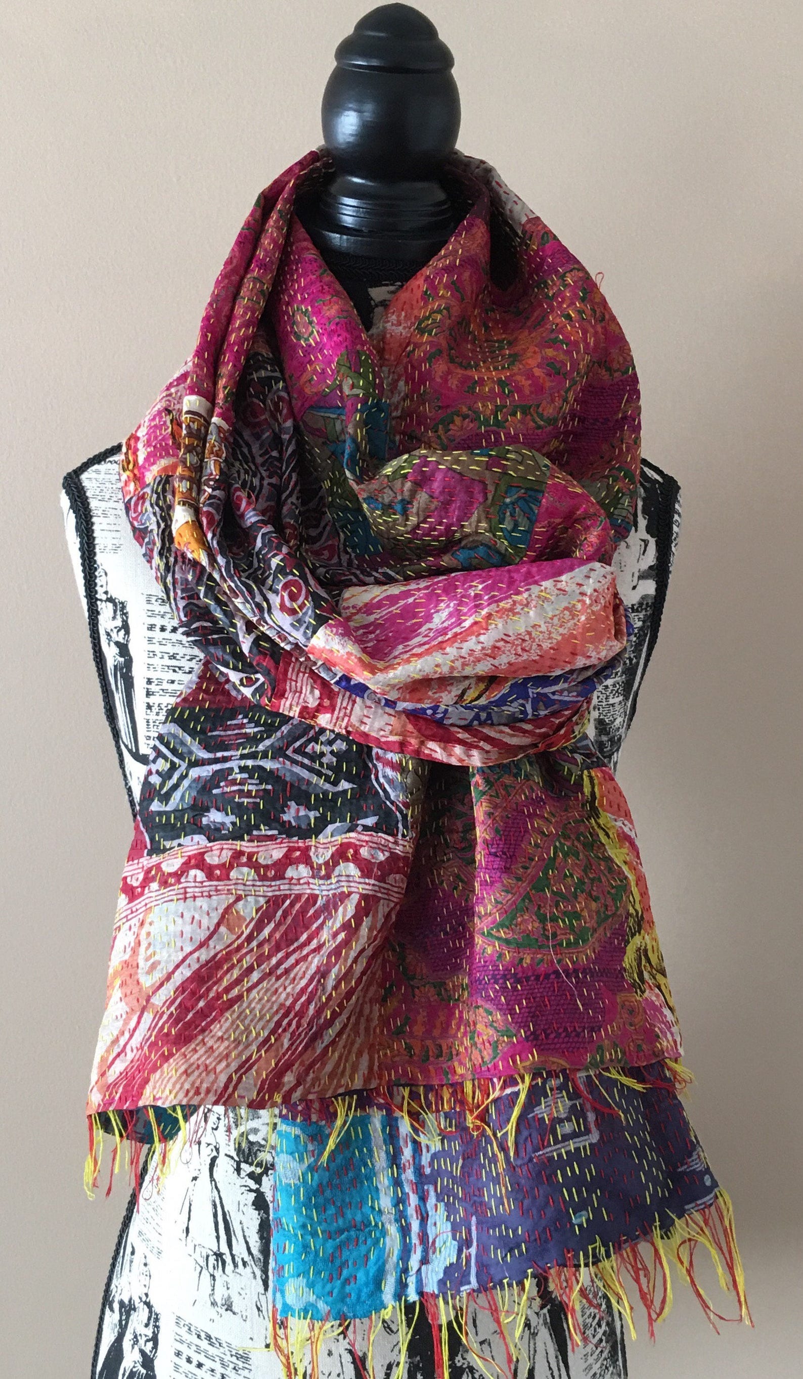 Silk patchwork scarf/kanthawork silk scarf/ vintage | Etsy