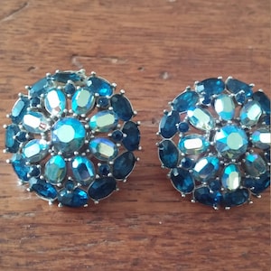 Trifari Blue Rhinestone Clip Earrings
