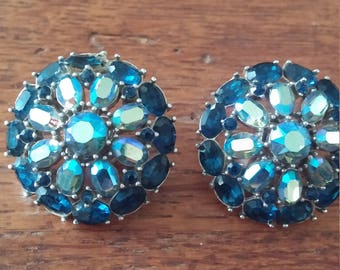 Trifari Blue Rhinestone Clip Earrings