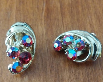 Vintage Red Rhinestone Clip Earrings