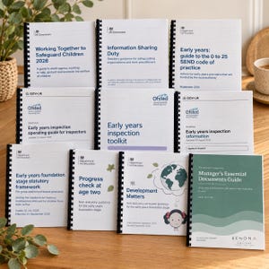 May include: A collection of ten spiral-bound booklets with white covers and blue text, featuring titles such as Working Together to Safeguard Children 2026, Early years inspection toolkit, and Manager's Essential Documents Guide, arranged in a grid.